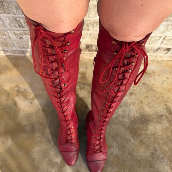Jeffrey Campbell Sz 9 Red Free People Joe 2 Tall Lace Up Boots 100% Lambs Leathe - Picture 5 of 16